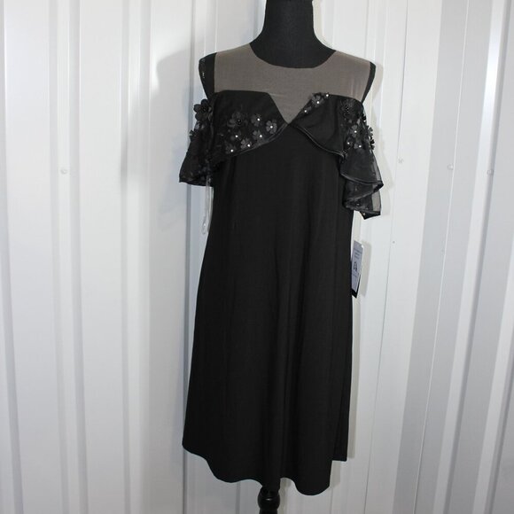 Prelude Women's Illusion Off Shoulder Sheer Ruffle 3D Flower Shift Dress Size L - Picture 1 of 9